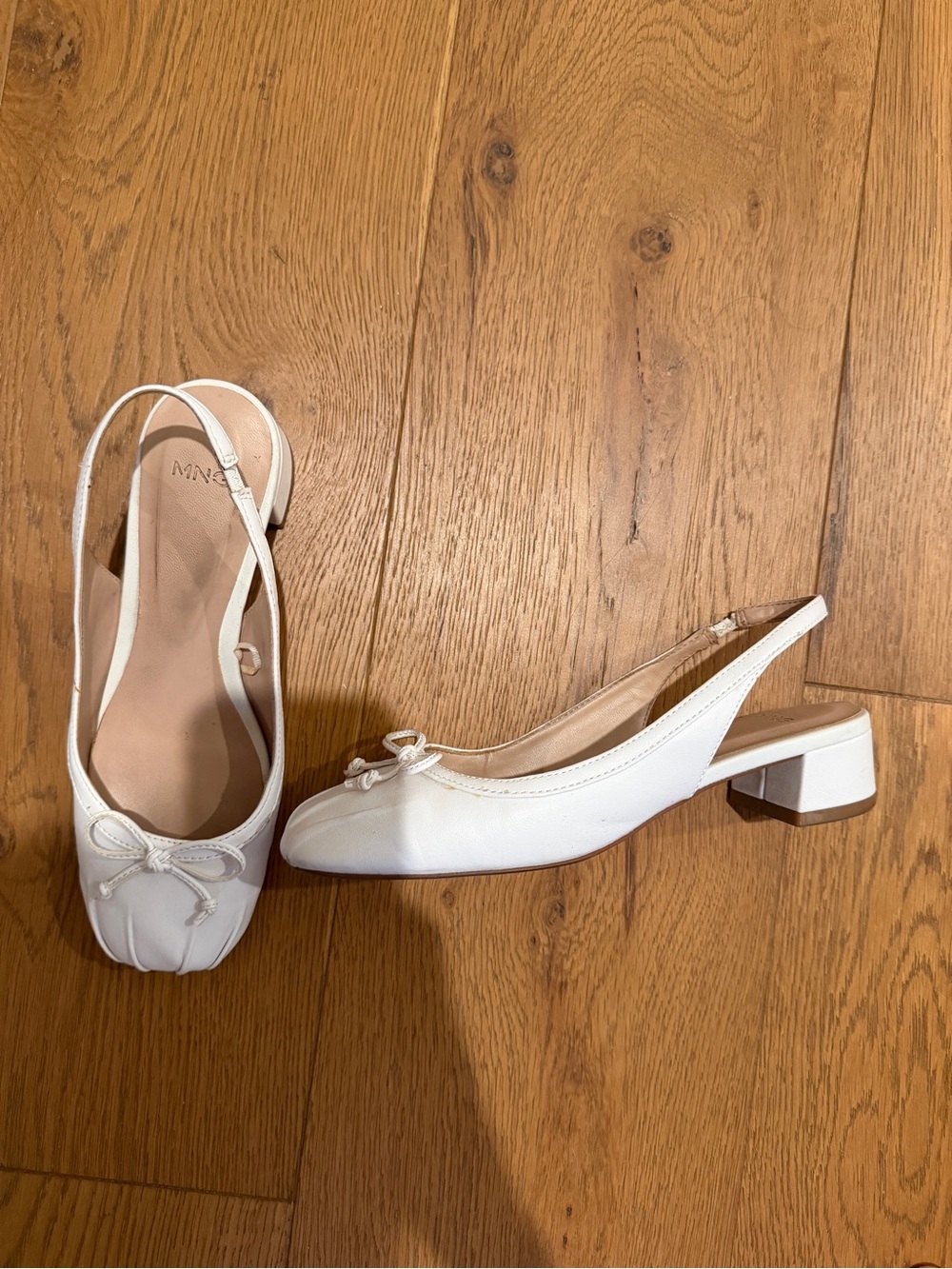 Mango White Slingback Low Block Heel Pumps with Bow
